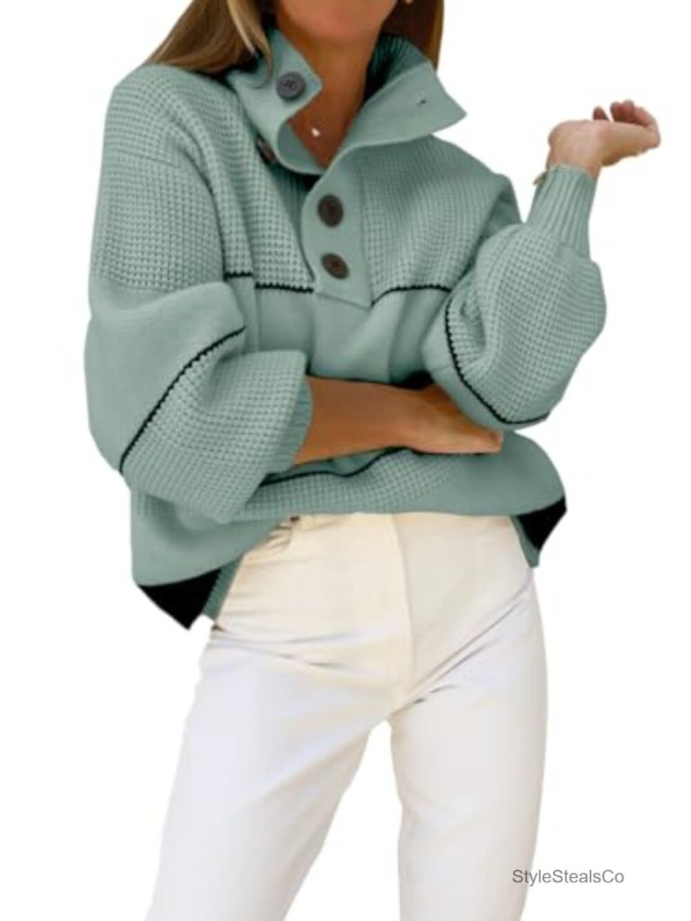 Slouchy Waffle Knit Polo Collared Pullover Sweater Oversized Loose Fit